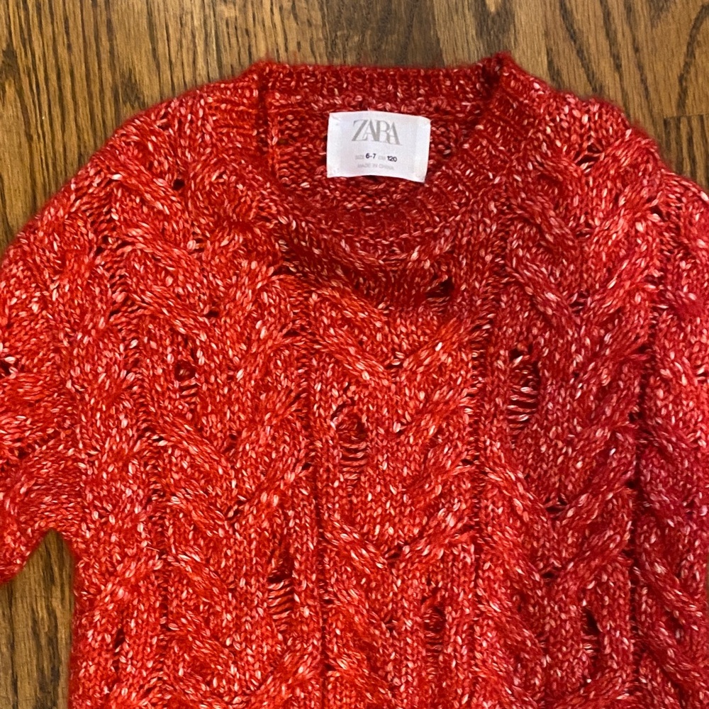 Zara Marled Red Cable Knit V-Neck Sweater